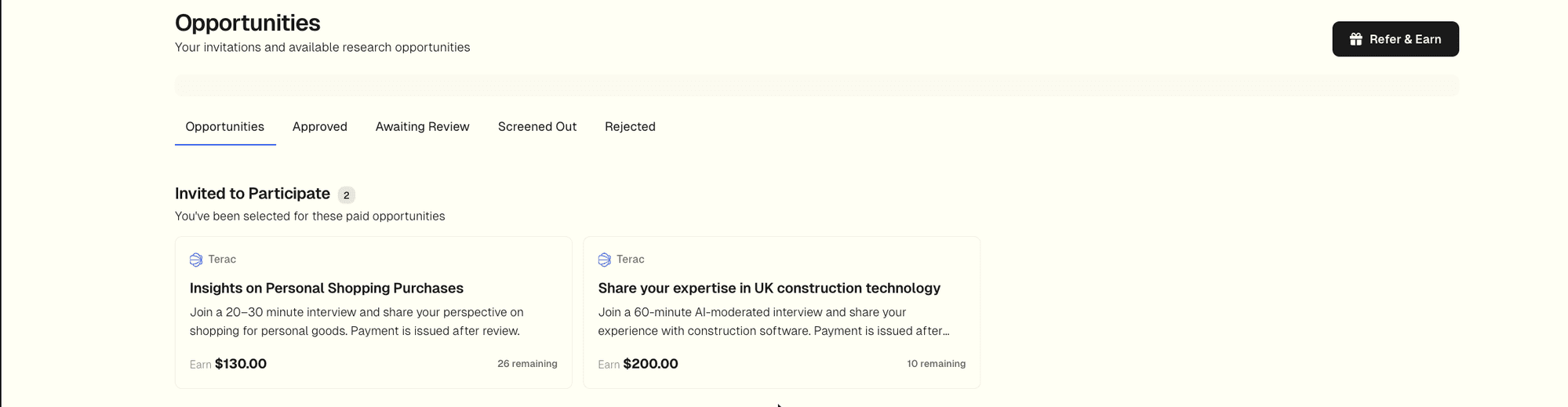 The home dashboard showing the Opportunities tab with Invited to Participate cards