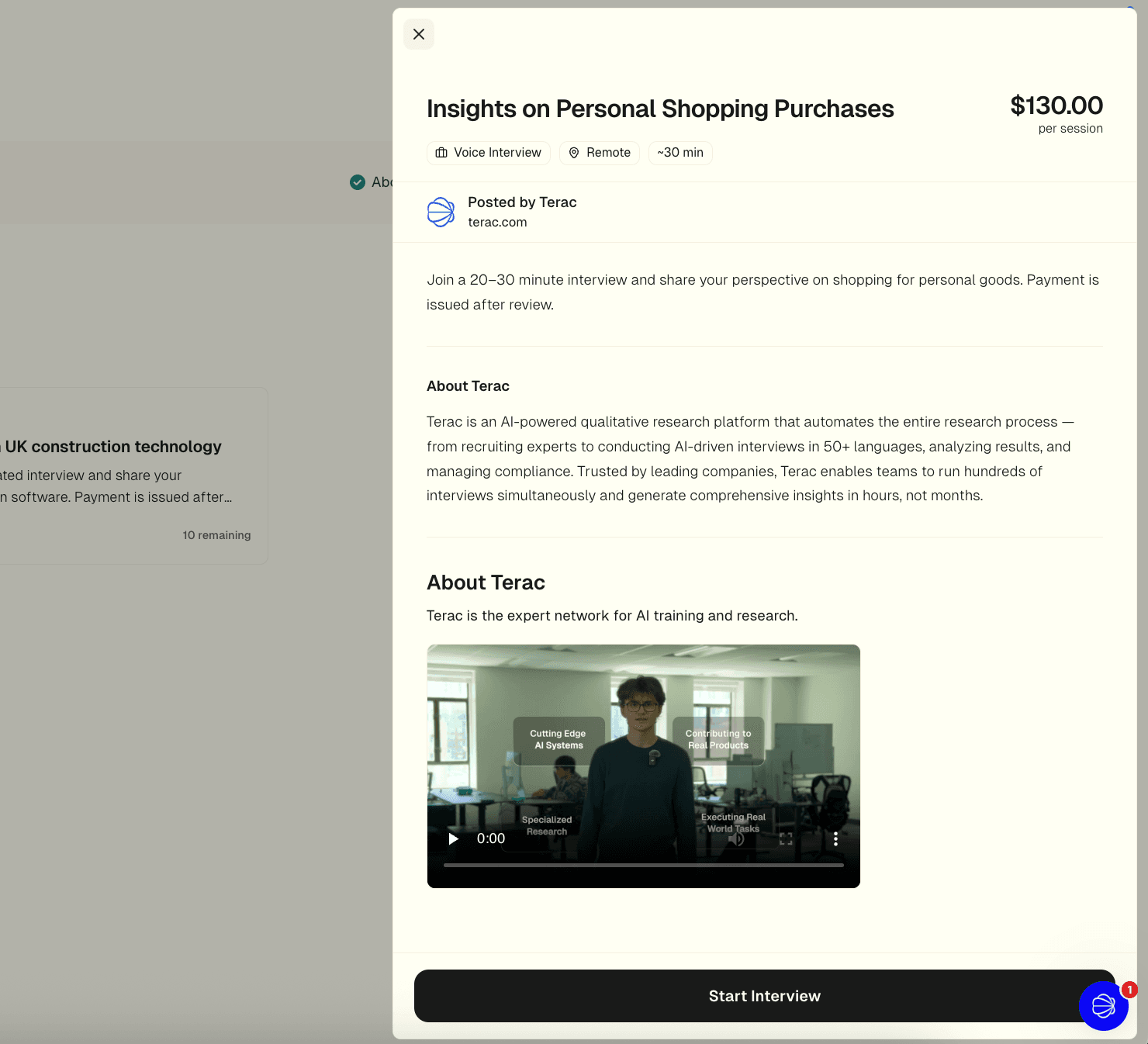 Opportunity detail panel showing title, pay rate, work mode, description, and a Start Interview button