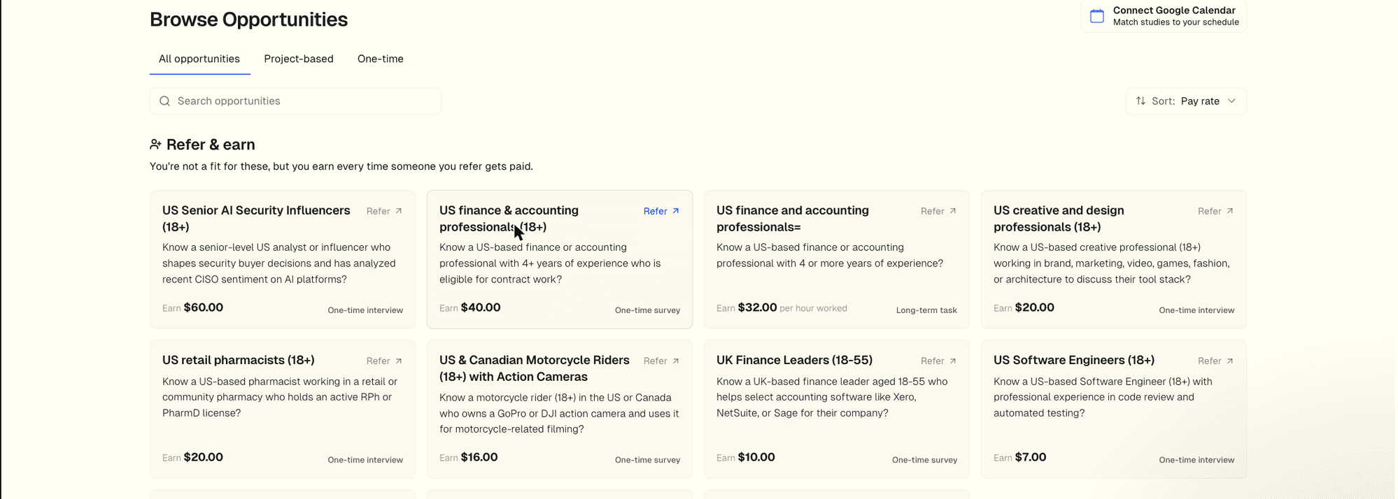 Browse Opportunities page showing referral cards with Refer buttons and estimated earnings per opportunity