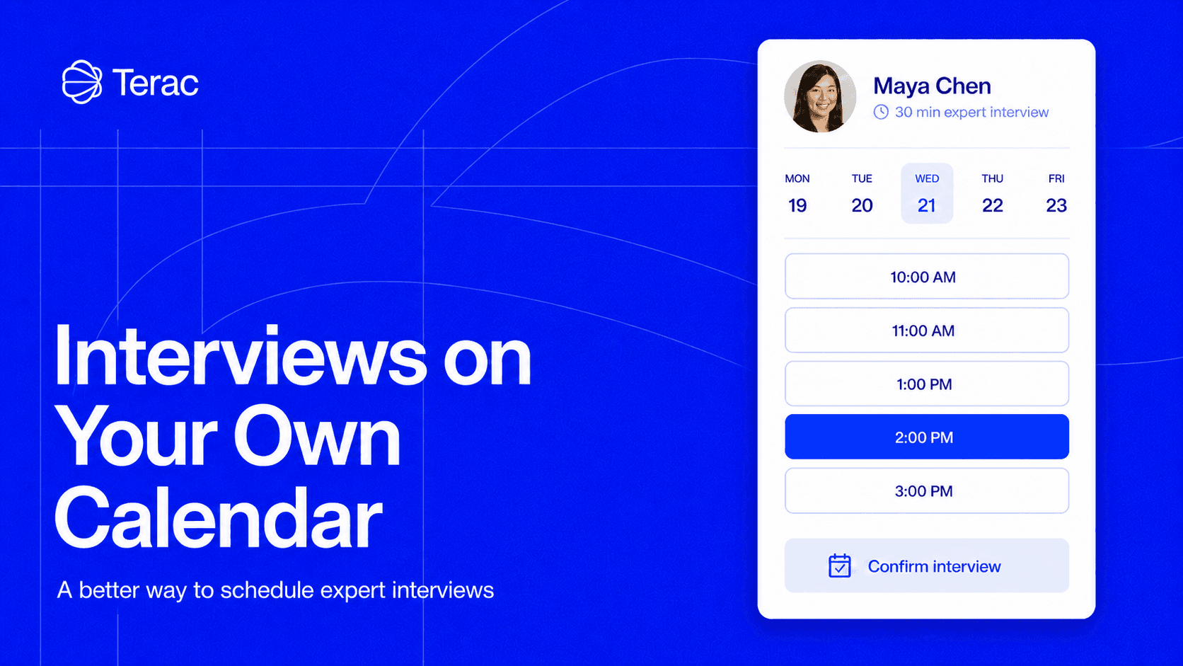 A booking card for a 30 minute expert interview, with the week's days across the top and 2:00 PM selected