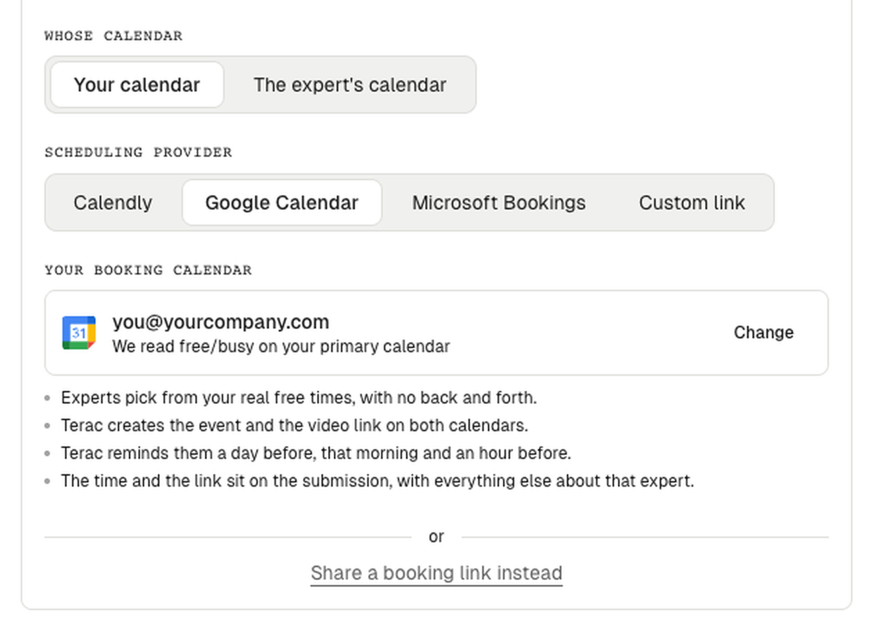 The Schedule a call step with Google Calendar selected and a connected booking calendar