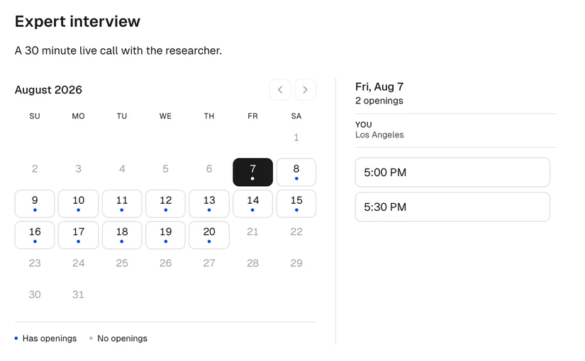 The expert's interview task, showing which days have openings and the times available on the day they picked, in their own timezone