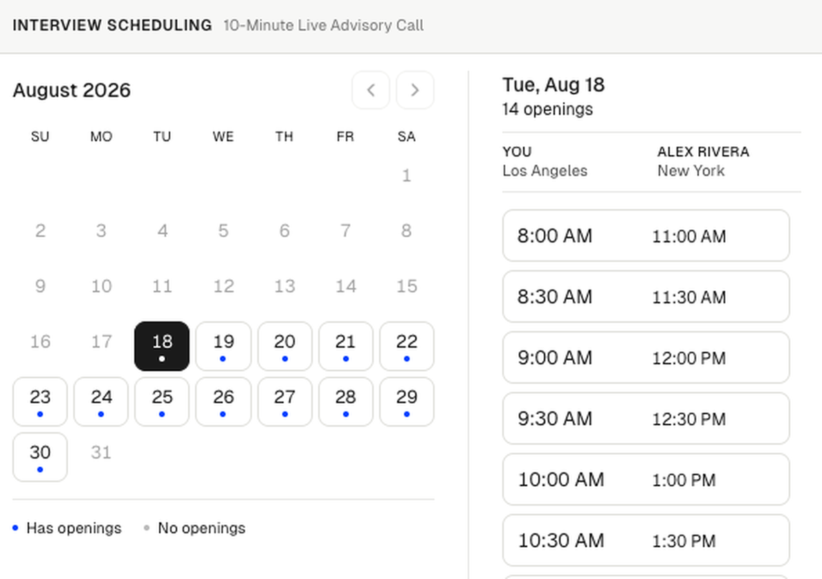 The booking panel showing the expert's open days, and each available time in two columns: the researcher's clock and the expert's