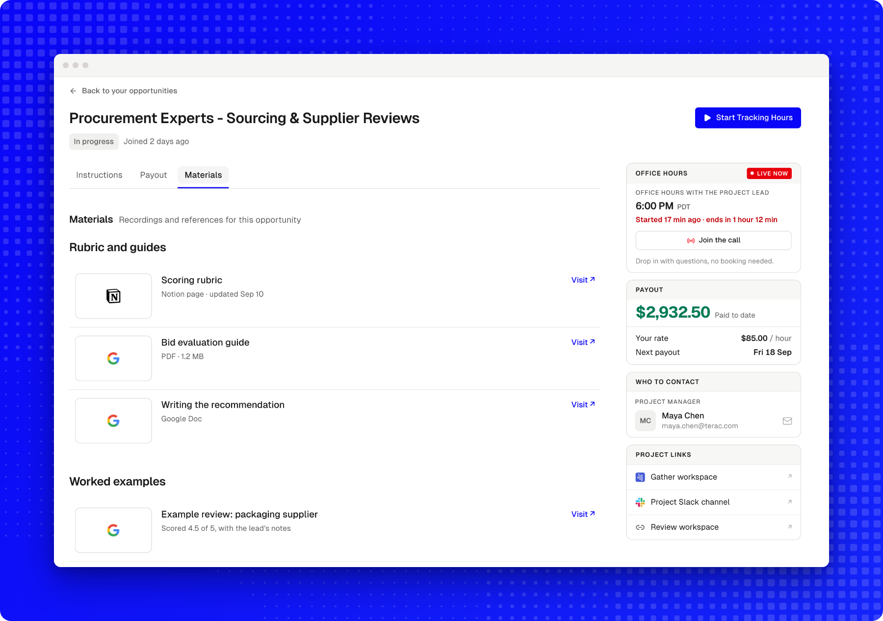 The Materials tab with the rubric and guides, worked examples, and recordings
