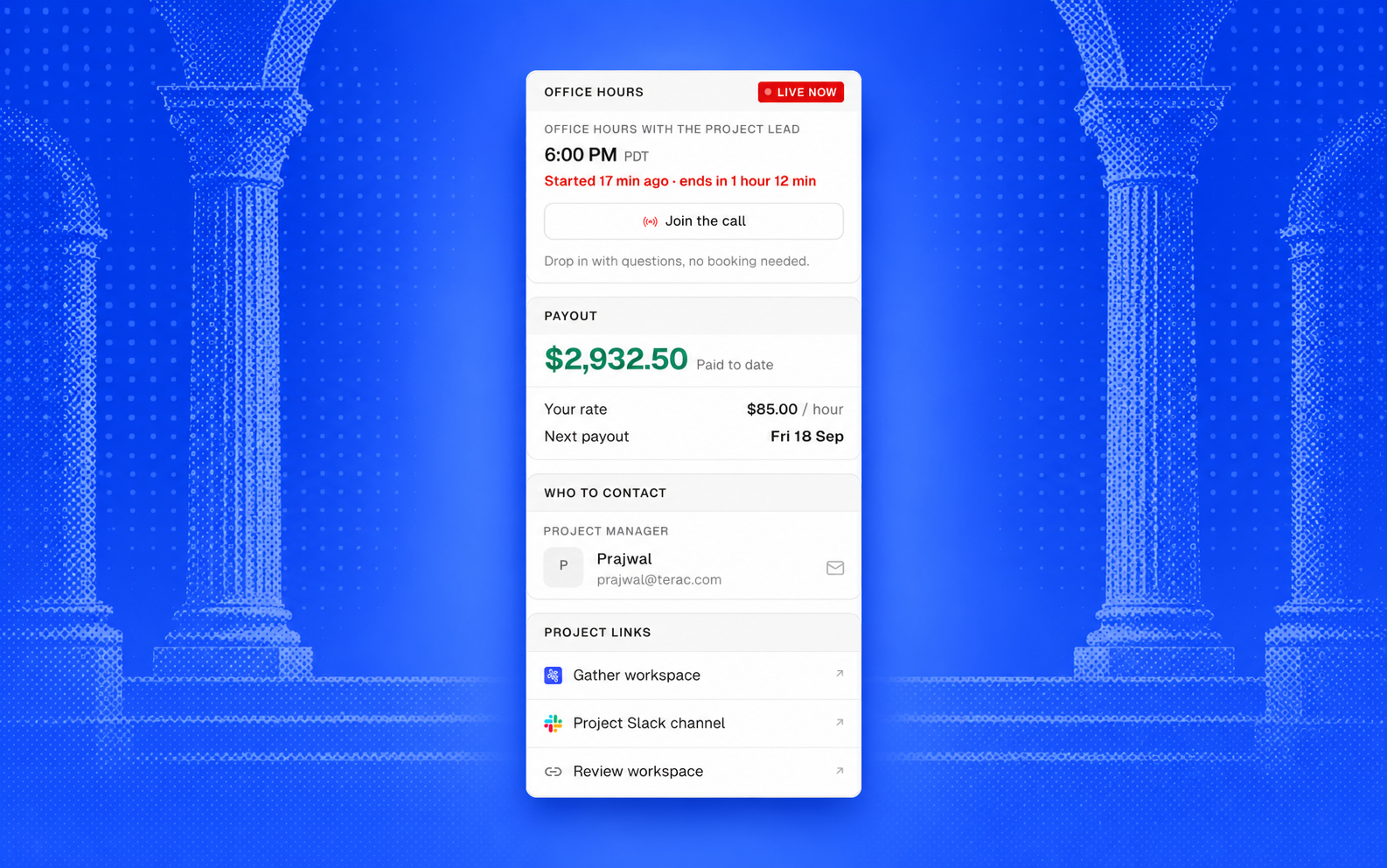 The cards beside the handbook: a live office hours session with a Join the call button, the payout summary with the rate and next payout date, the person to contact, and the links